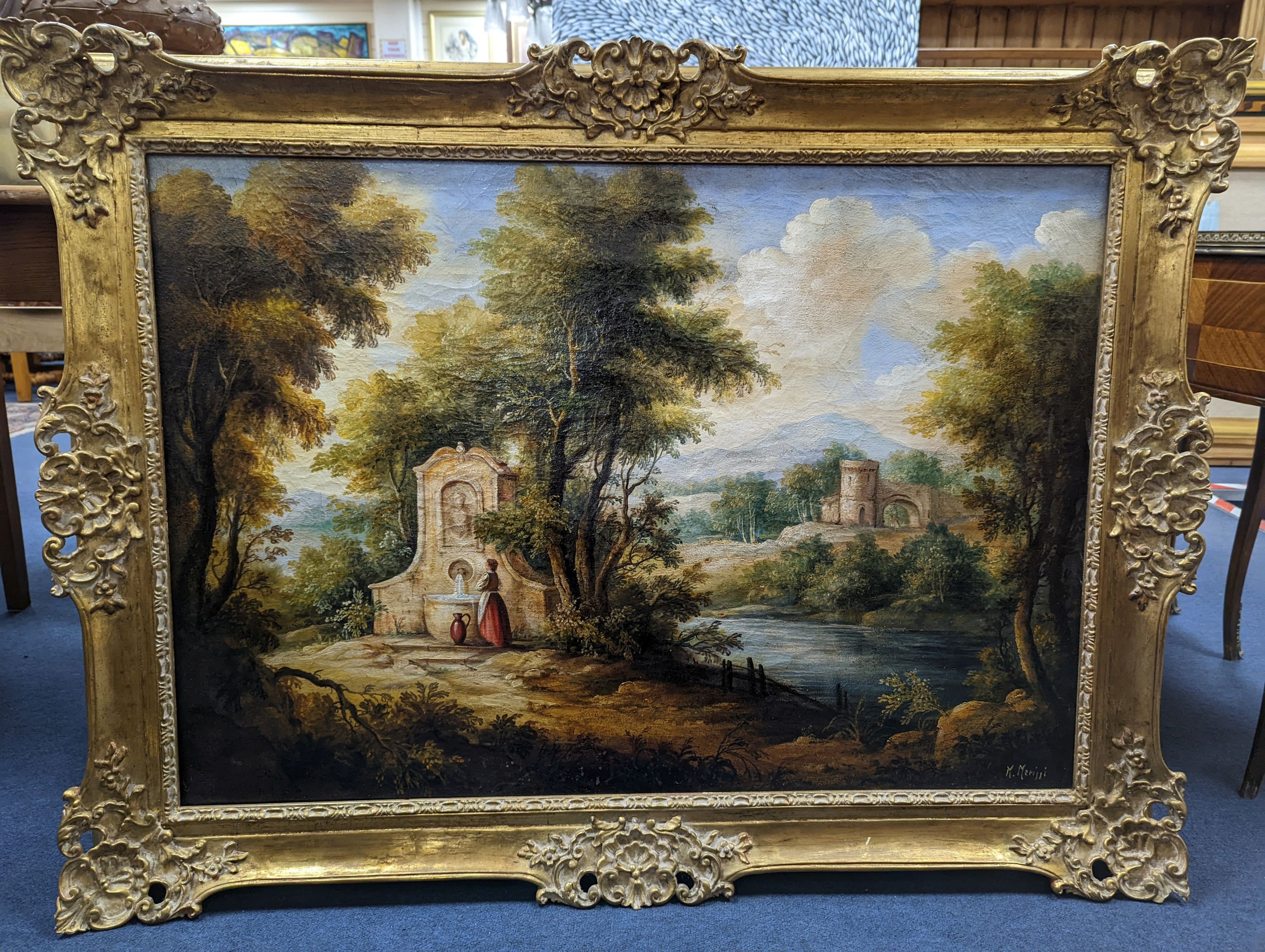 M. Merini, oil on canvas, Italianate landscape with woman beside a well, signed, 68 x 98cm